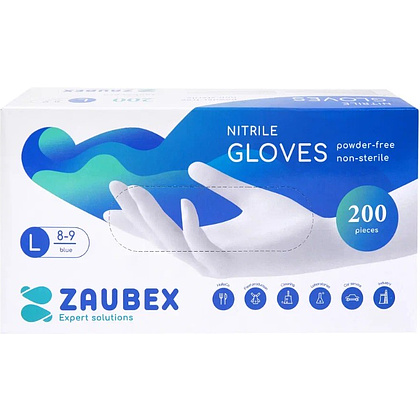 Перчатки нитриловые неопудренные Zaubex, одноразовые, р-р L, 200 шт/уп, голубой