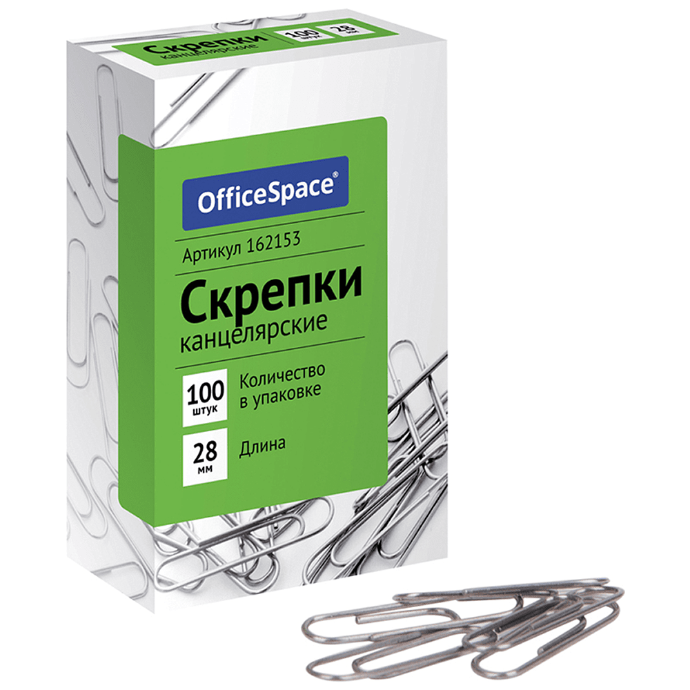 Скрепки "OfficeSpace", 28 мм, металлические, 100 штук, овальные, серебристый