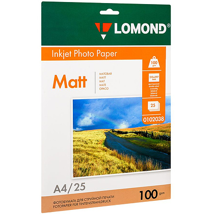 Фотобумага матовая для струйной фотопечати "Lomond", А4, 25 листов, 100 г/м2
