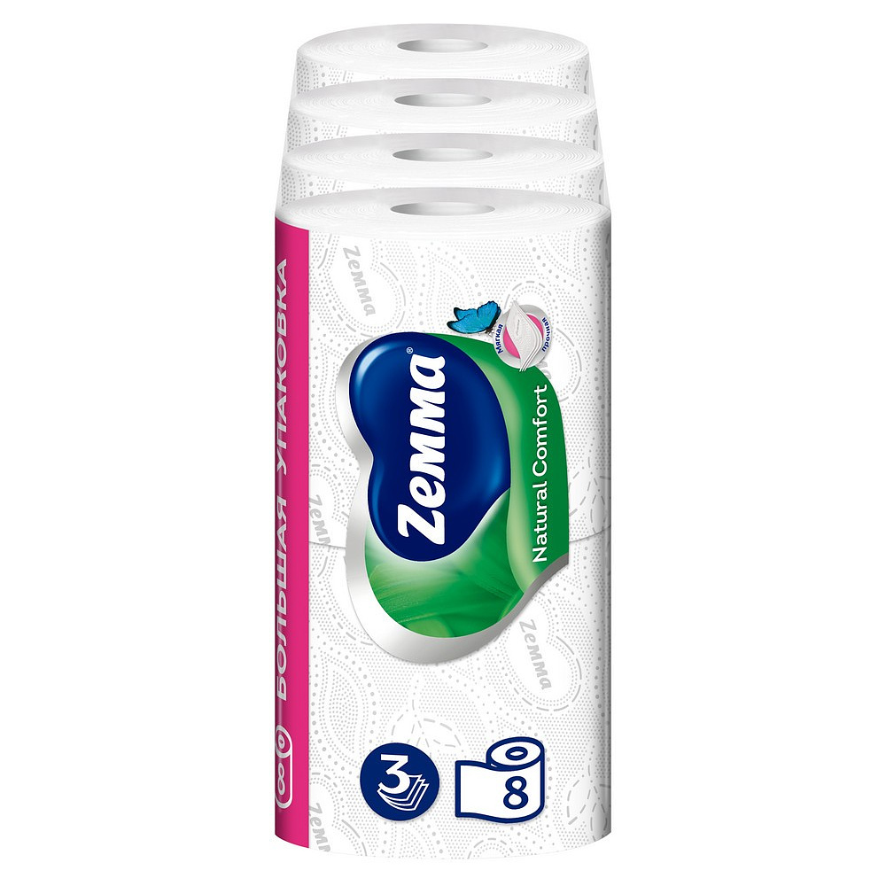 Бумага туалетная Zemma Natural Comfort, 8 рулонов, 3 слоя, белый - 4