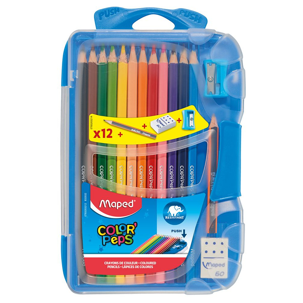 Цветные карандаши Maped "Color Peps" + точилка + ластик + простой карандаш, 12 цветов