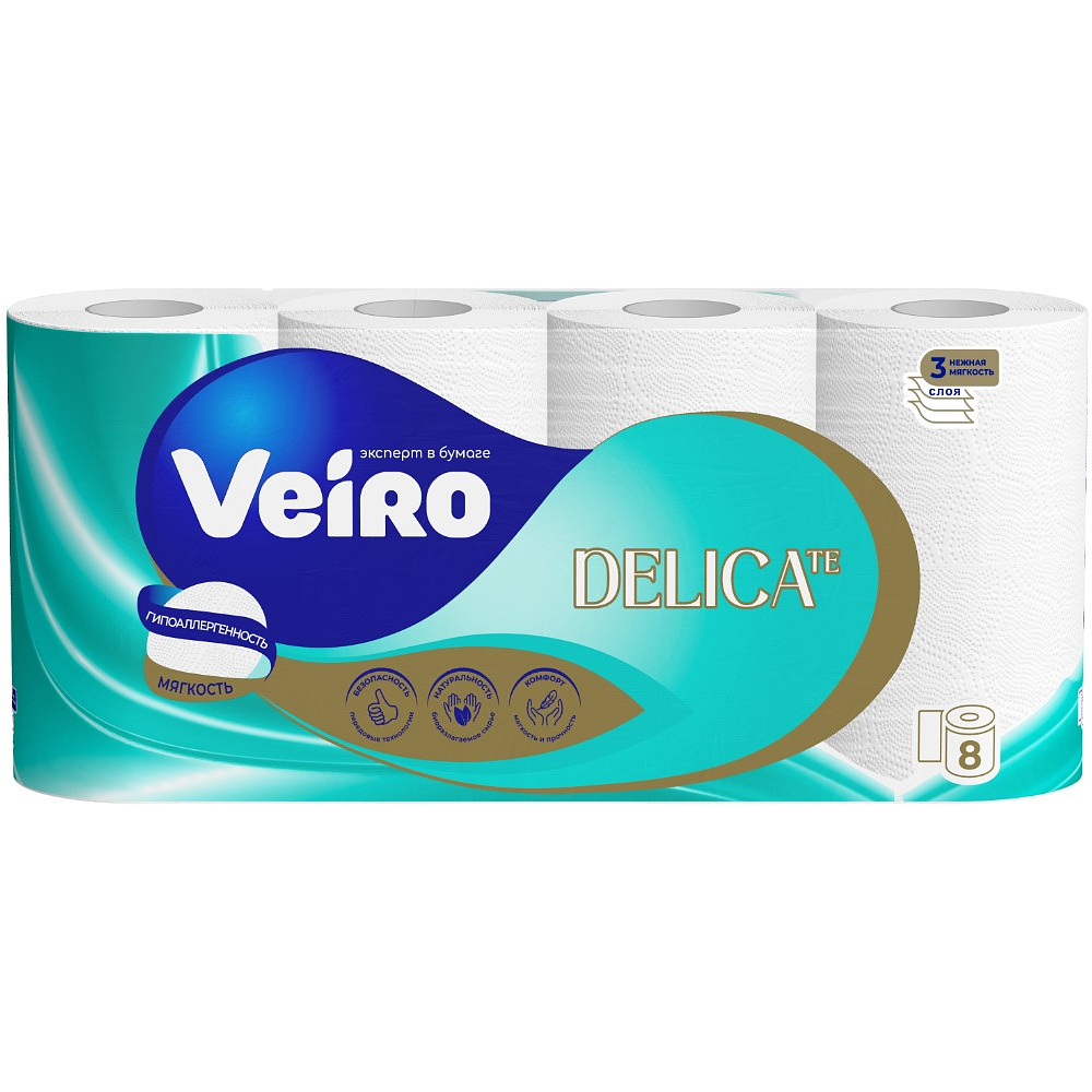Бумага туалетная Veiro Delicate, 8 рулонов, 3 слоя, белый 