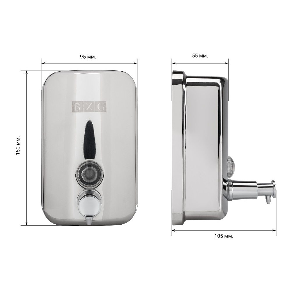 Диспенсер для жидкого мыла BXG "SD Н1-500", 0.5 л, ручной, металл, серебристый, глянцевый - 6