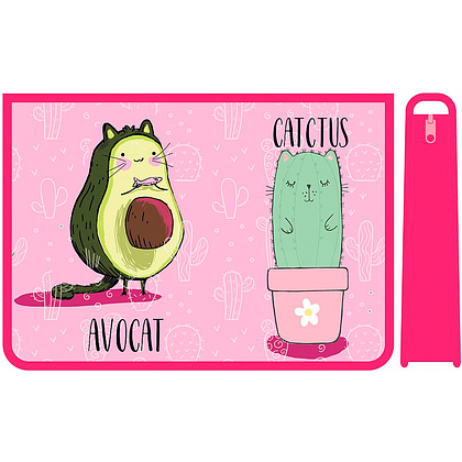 Папка для труда "Кот-авокадо", А4, на молнии, пластик, розовый