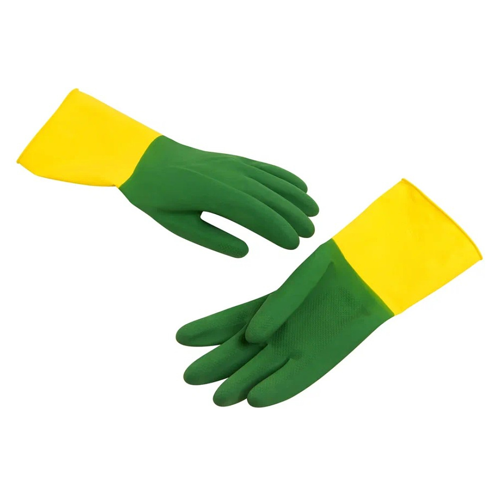 Перчатки латексные хозяйственные Zaubex БИКОЛОР, усиленные, р-р M, зеленый, желтый - 2