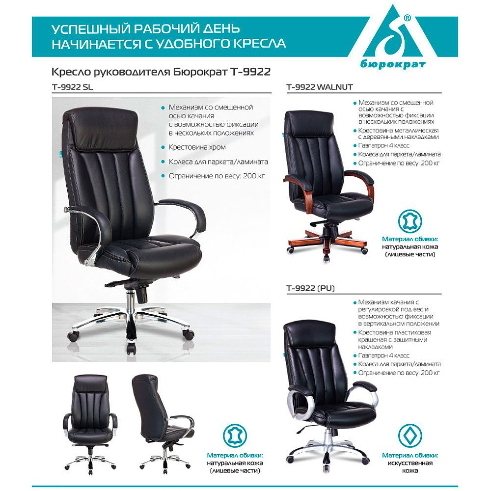 Кресло для руководителя Бюрократ "T-9922WALNUT/Black", кожа, дерево, черный - 5