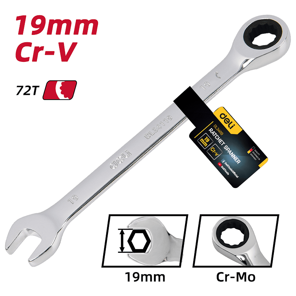 Ключ комбинированный Deli YS EDL34119, 19 мм, с трещоткой, 72 зуба - 6