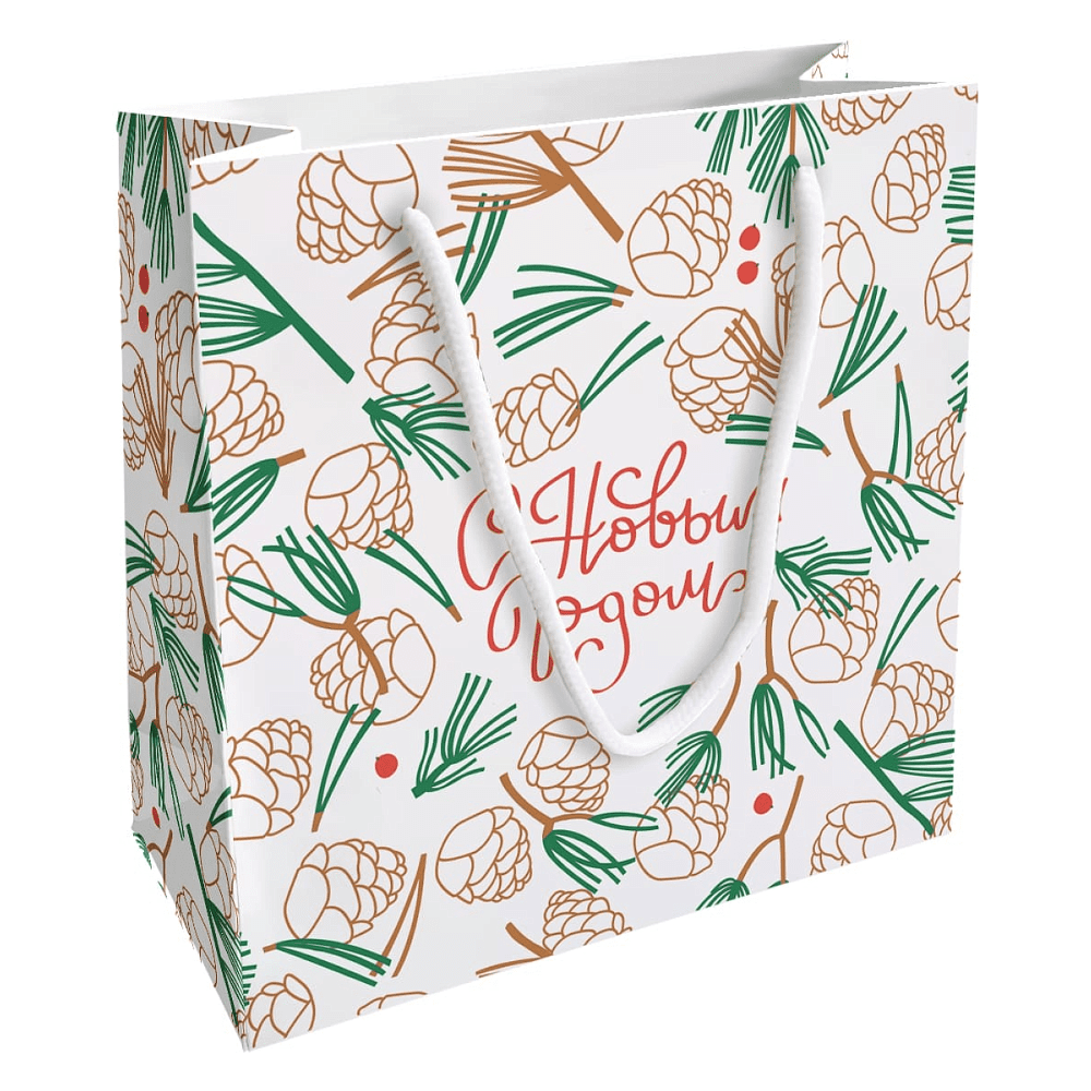 Пакет бумажный подарочный "Holidays. Шишки", 20х20х8 см, белый