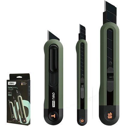 Набор ножей строительных Deli HSEHT4003L, 3 шт (ножи 9мм/18мм/трапеция), Soft Touch, зеленый