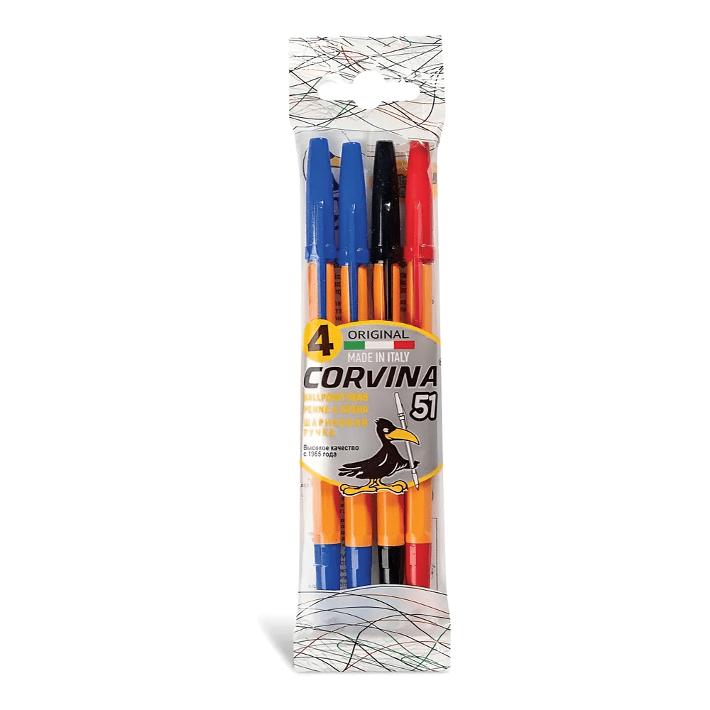Набор ручек шариковых "Corvina", 1 мм, 4 штуки, стержень синий, черный, красный, блистер