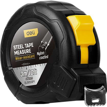 Рулетка Deli YS EDL9003PY, 3 м х 16 мм, нейлоновое покрытие, черный