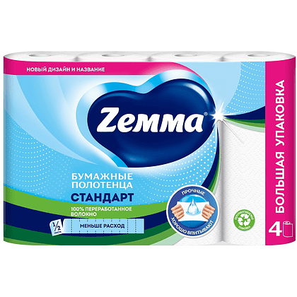 Полотенца бумажные  Zemma 4 рул, 2 слоя, цв. белый