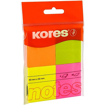 Бумага для записей на клейкой основе "Kores", 40x50 мм, 200 листов, ассорти неон