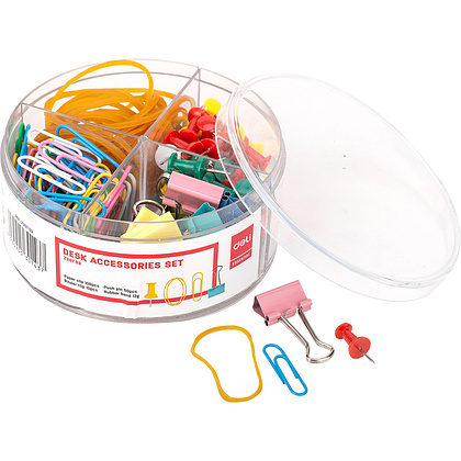 Набор канцелярский "Deli Essential", зажимы+скрепки+кнопки+резинки, ассорти - 3