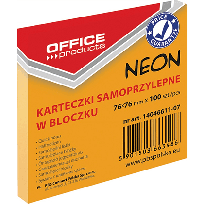 Бумага для заметок "Office Products", 76x76 мм, 100 листов, оранжевый неон