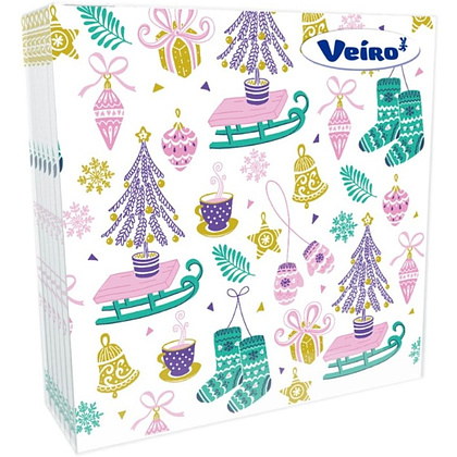 Салфетки бумажные Veiro, 33х33 см, с рисунком Елки и санки, 20 шт