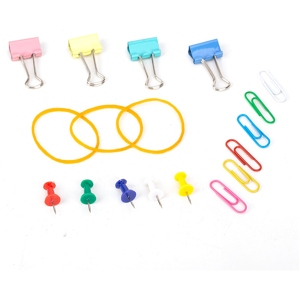 Набор канцелярский "Deli Essential", зажимы+скрепки+кнопки+резинки, ассорти - 5