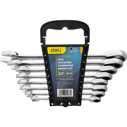 Набор комбинированных ключей Deli "EDL140108T", трещоточный, 8 предметов, серебристый