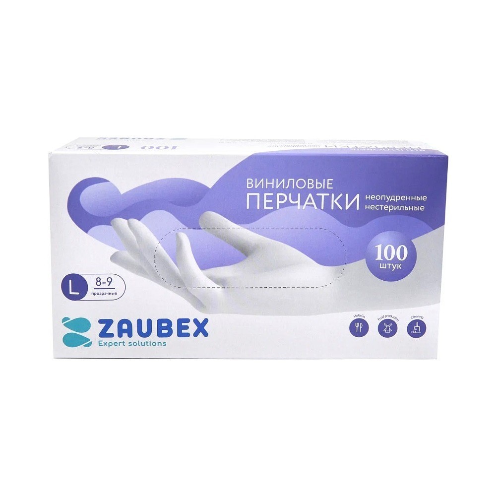 Перчатки виниловые Zaubex, одноразовые, р-р L, 100 шт/уп, прозрачный