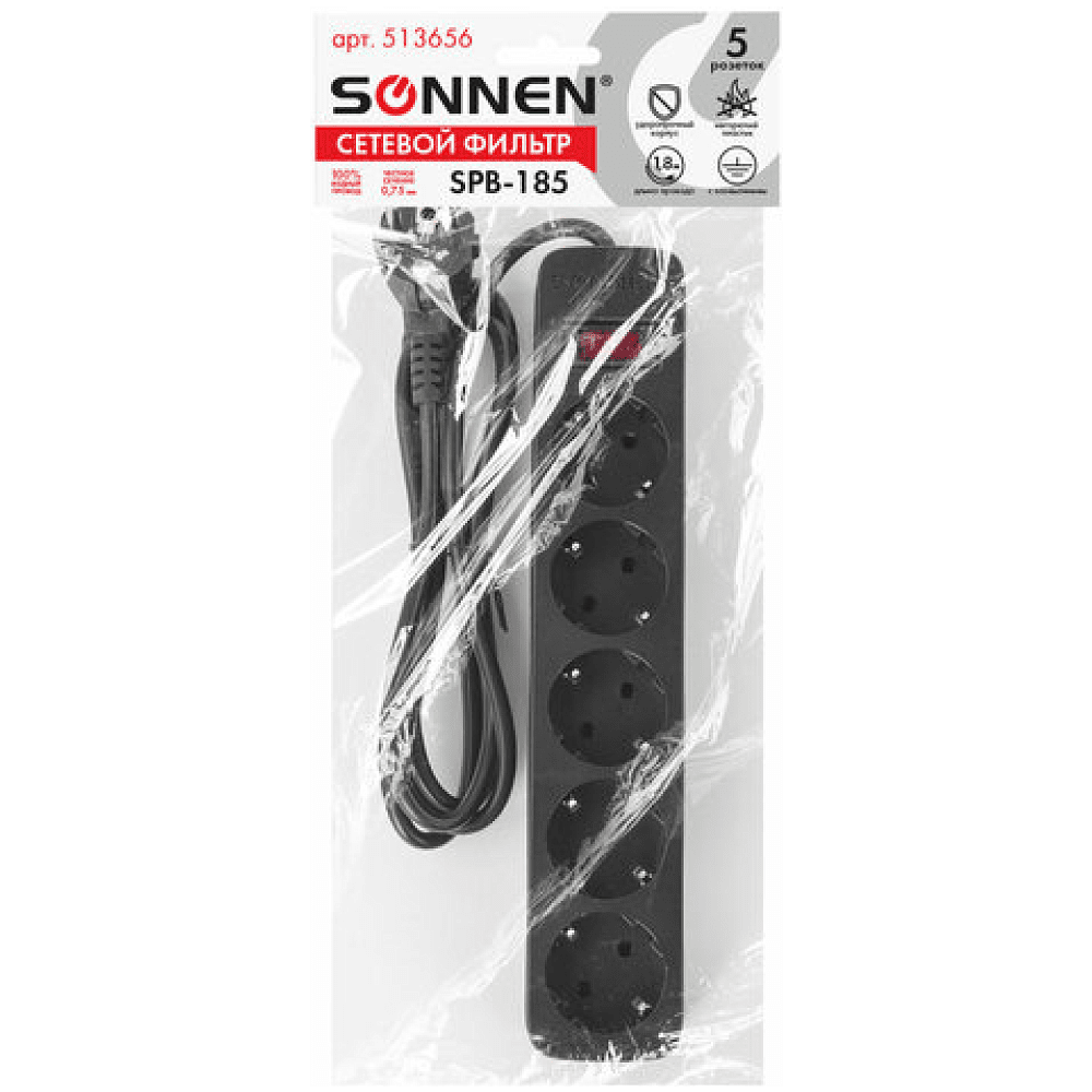 Сетевой фильтр Sonnen SPB-185, 1.8м, 5 розеток, черный - 8