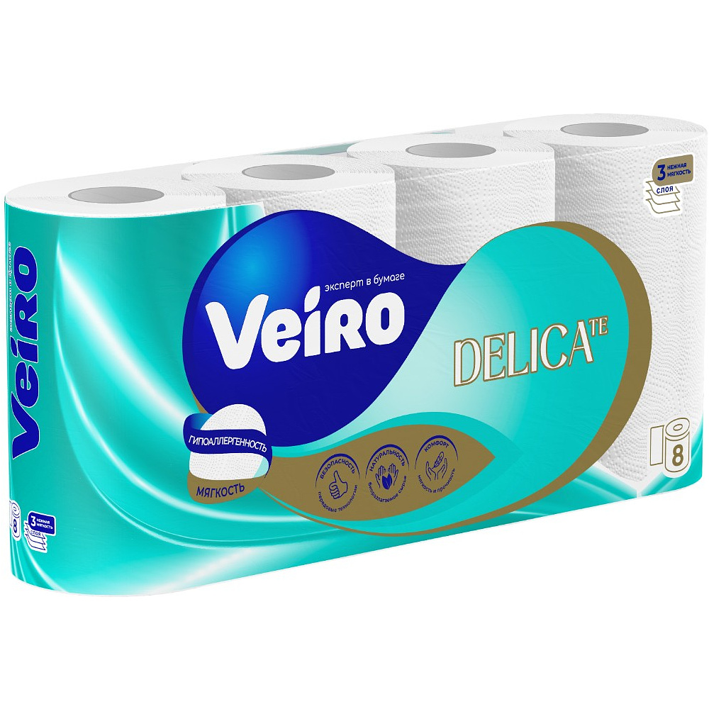 Бумага туалетная Veiro Delicate, 8 рулонов, 3 слоя, белый  - 3