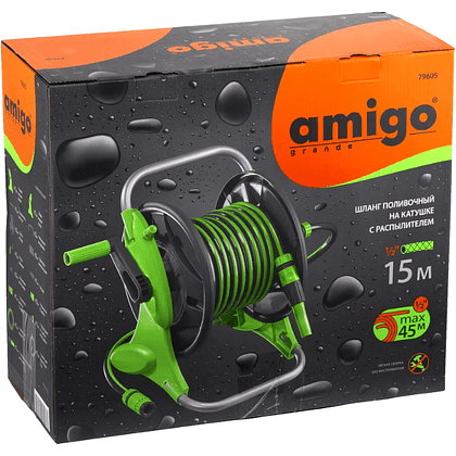 Шланг поливочный на катушке Amigo Grande 79605, 1/2", 15 м, с распылителем, черный, зеленый - 4