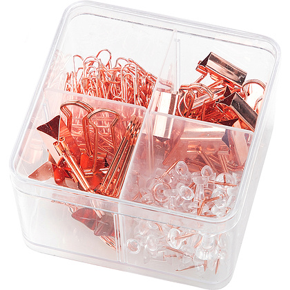 Набор канцелярский "Deli", кнопки+скрепки+зажимы, розовое золото