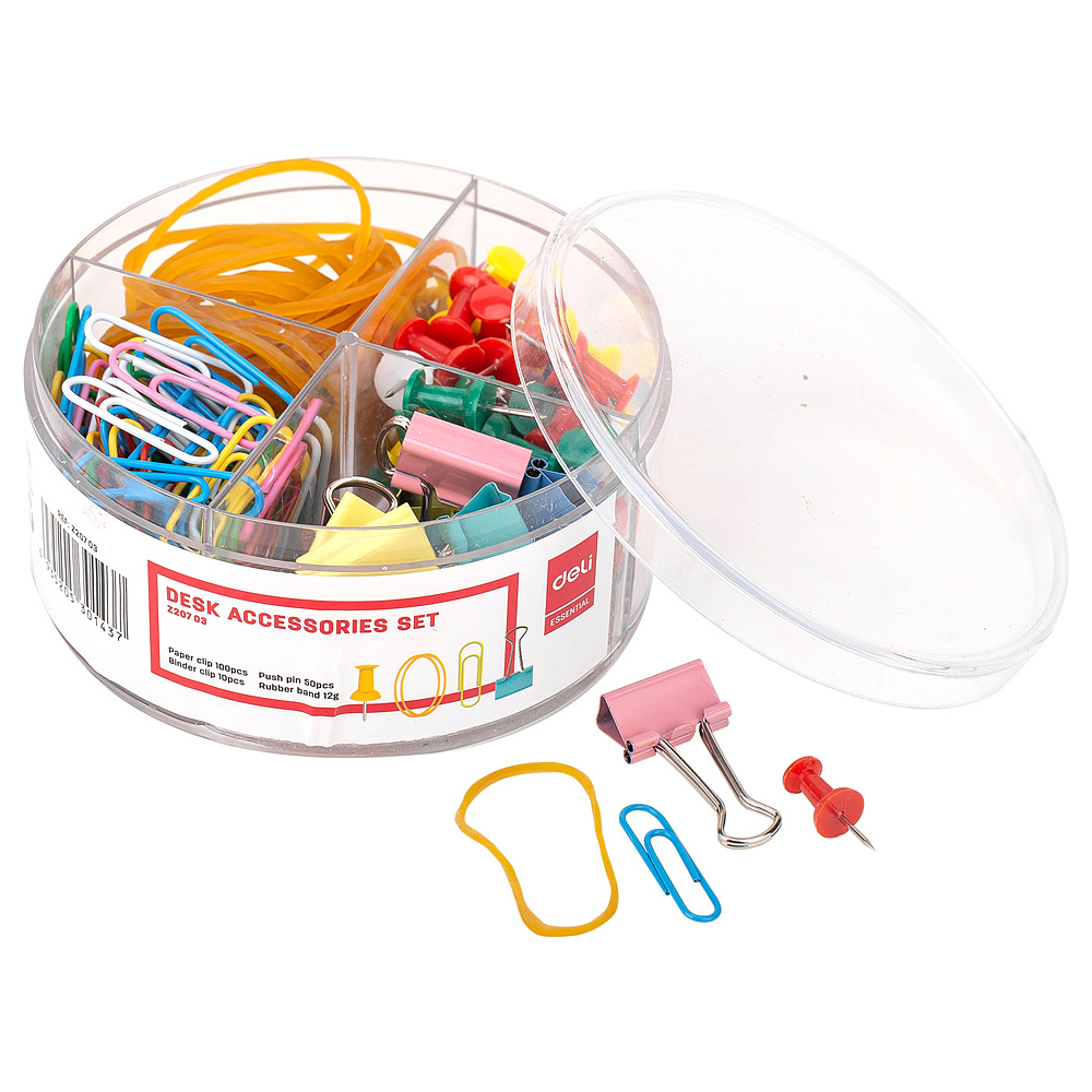 Набор канцелярский "Deli Essential", зажимы+скрепки+кнопки+резинки, ассорти - 3