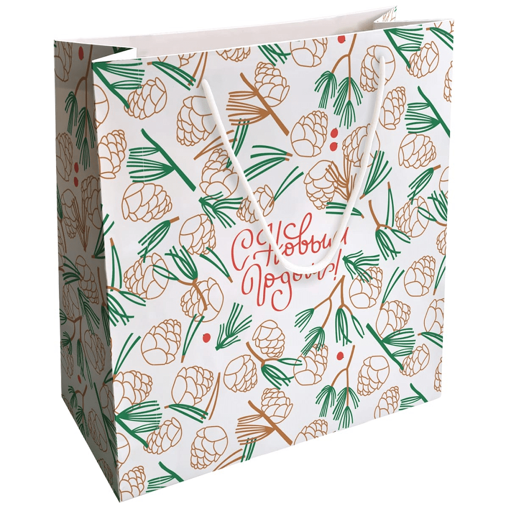 Пакет бумажный подарочный "Holidays. Шишки", 32х32х12 см, белый
