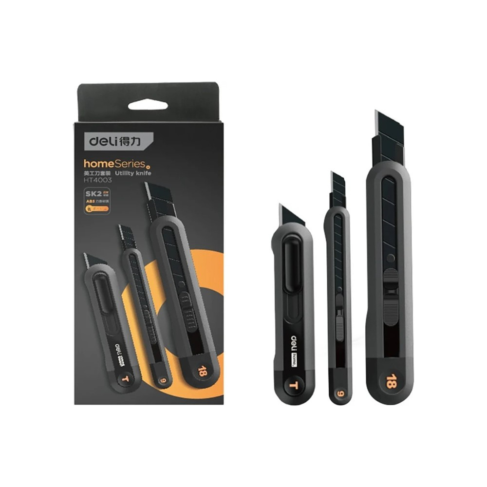 Набор ножей строительных Deli HS EHT4003, 3 шт (ножи 9мм/18мм/трапеция), Soft Touch, черный - 30