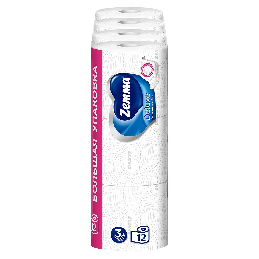 Бумага туалетная Zemma Deluxe, 12 рулонов, 3 слоя, белый - 3