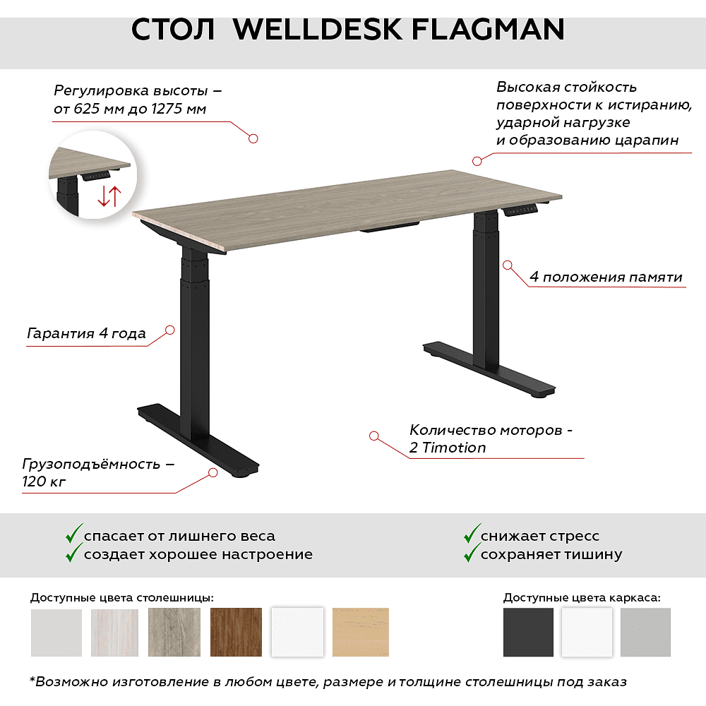 Стол подъемный WellDesk Flagman (регулируемый по высоте каркас арт. 9022026 и столешница арт. 9190094) - 2