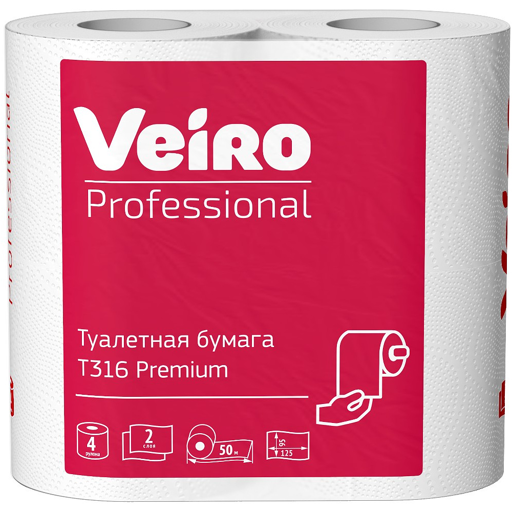 Бумага туалетная Veiro Professional Premium, в стандартных рулонах, 4 рулона, 50 м, 2 слоя