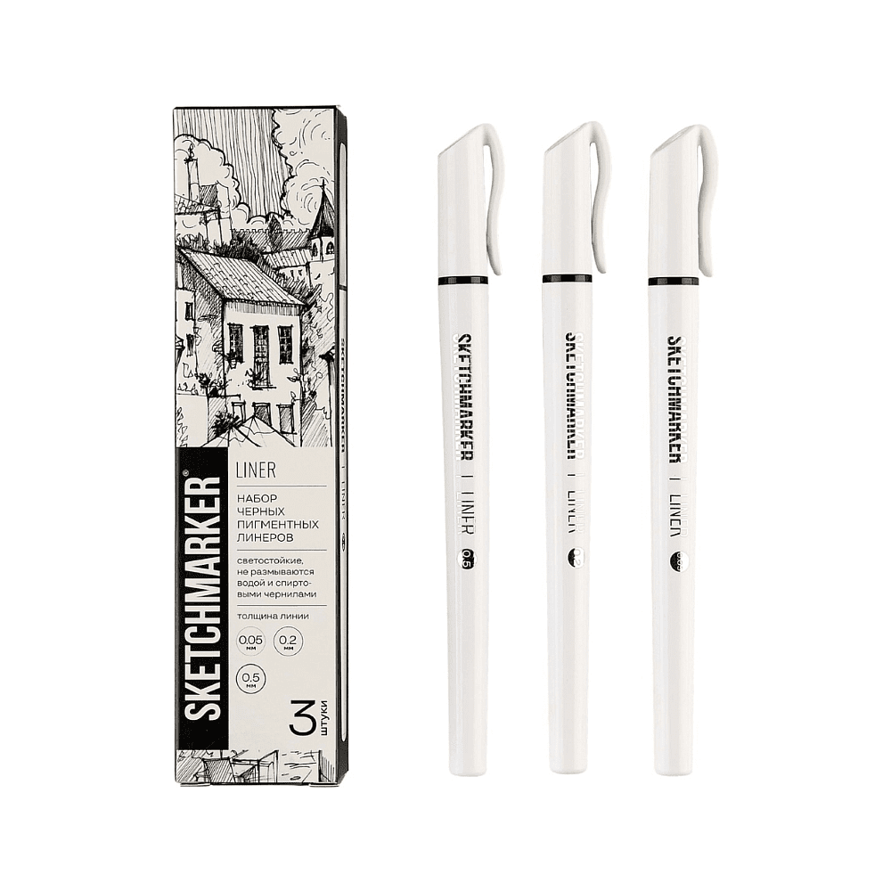 Набор ручек капиллярных "Sketchmarker", 3 штуки (0.05, 0.2, 0.5 мм), лайнер, черный  - 2