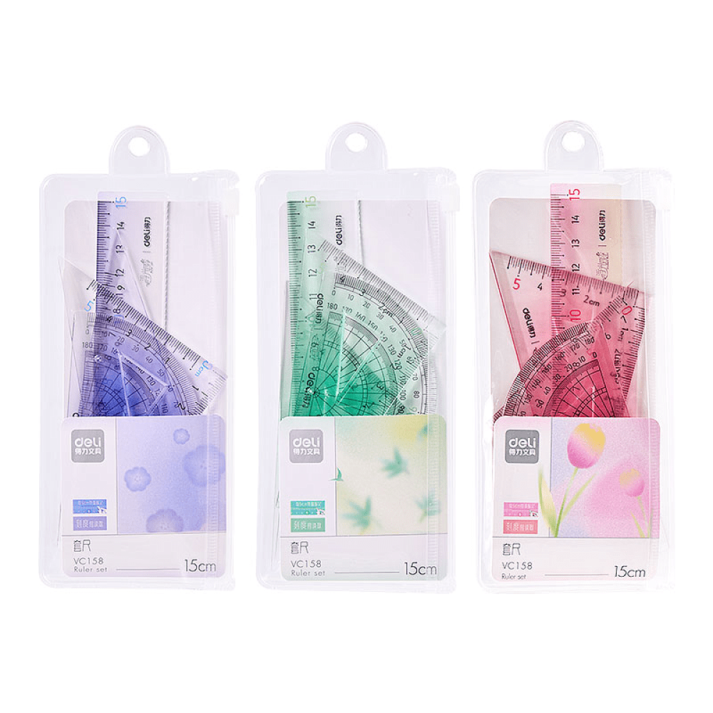 Набор чертежный "Deli VC158": линейка 15 см, треугольник 45 и 60 гр, транспортир 180 гр, ассорти