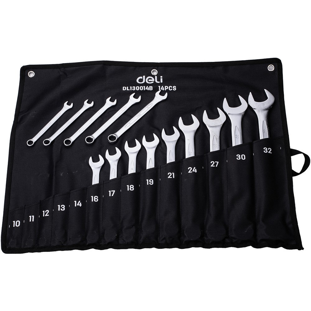 Ключ комбинированный "Deli" набор 14 шт., 10-32 мм, чехол, серебристый - 4