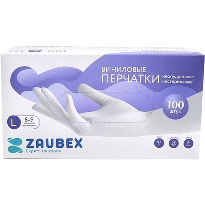 Перчатки виниловые Zaubex, одноразовые, р-р L, 100 шт/уп, прозрачный