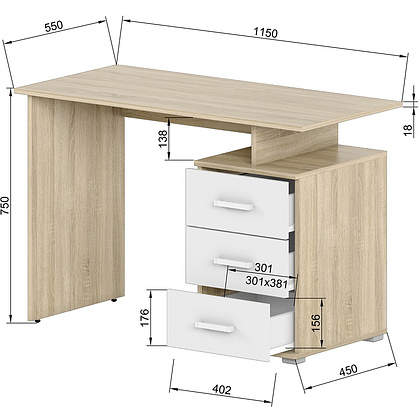 Коллекция ОСЛО Стол письменный Д-СП1, 1150х550х750, дуб Сонома, белый - 3