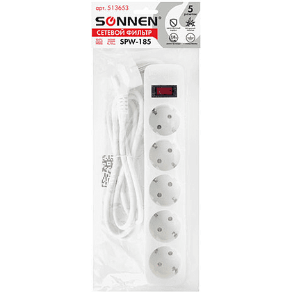 Сетевой фильтр Sonnen SPW-185, 1.8 м, 5 розеток, белый - 8