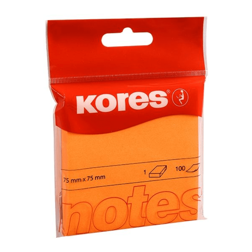 Бумага для записей на клейкой основе "Kores Neon", 75x75 мм, 100 листов, оранжевый неон