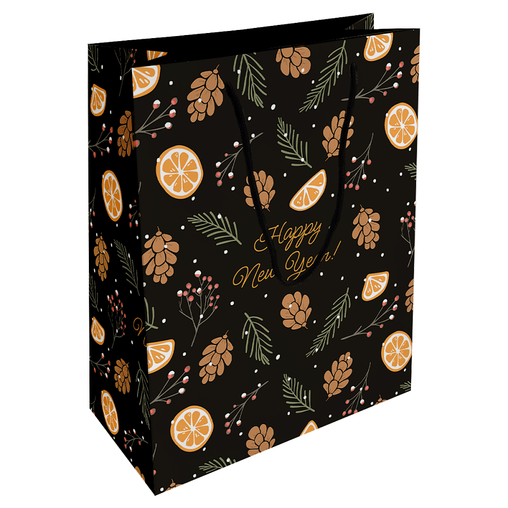 Пакет бумажный подарочный "Spruce. Шишки", 25х32х12 см, черный