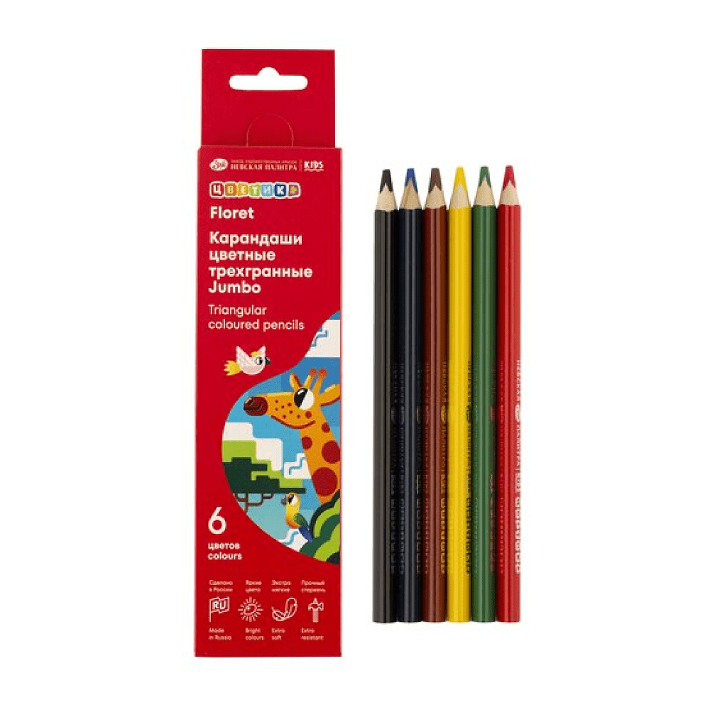 Цветные карандаши "Цветик Джамбо", трехгранные, 6 шт.