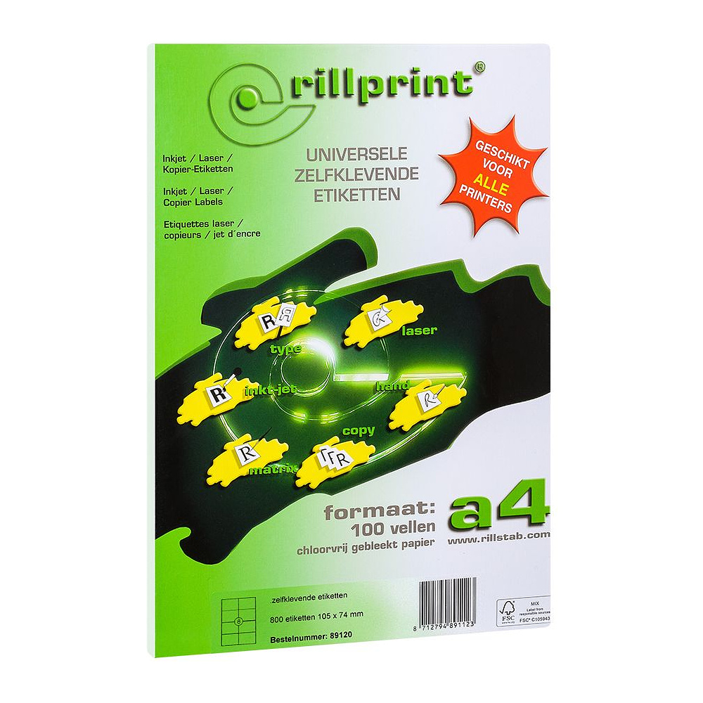 Самоклеящиеся этикетки универсальные "Rillprint", 105x74 мм, 100 листов, 8 шт, белый