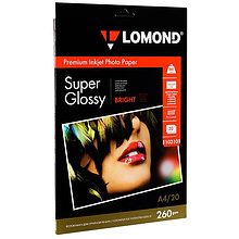 Фотобумага суперглянцевая ярко-белая для струйной фотопечати "Lomond", А4, 20 листов, 260 г/м2