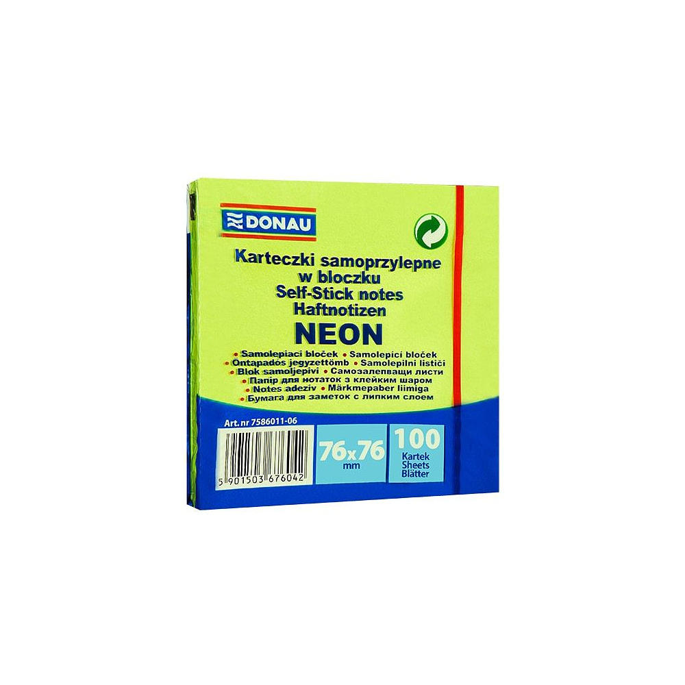 Бумага для заметок "Donau", 76x76 мм, 100 листов, зеленый неон
