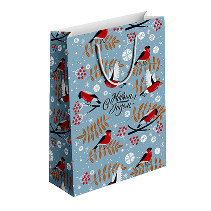 Пакет бумажный подарочный "Frost. Снегири", 32х49х12 см, голубой