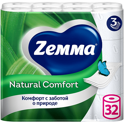 Бумага туалетная Zemma Natural Comfort, 32 рулона, 3 слоя, белый