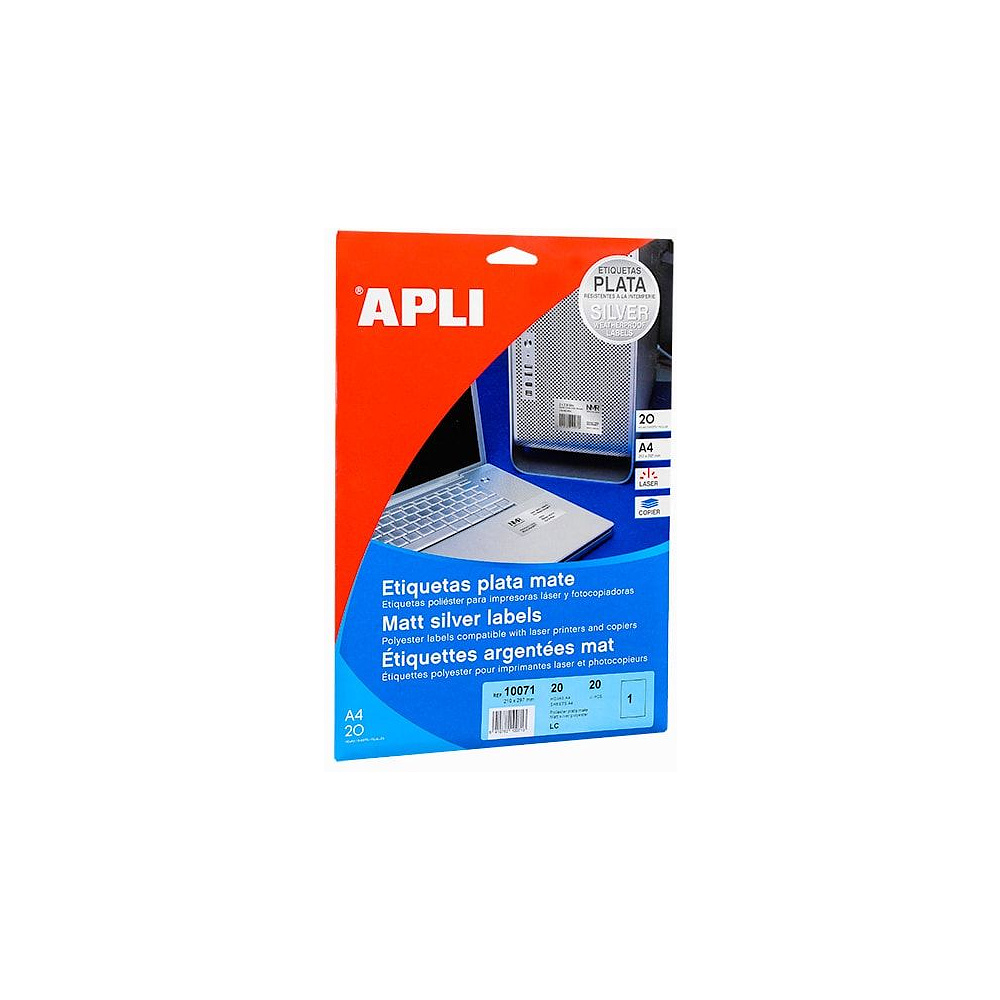 Влагоустойчивые серебрянные этикетки для лазерного принтера "Apli", 63.5x59.6 мм, 20 листов, серебристый