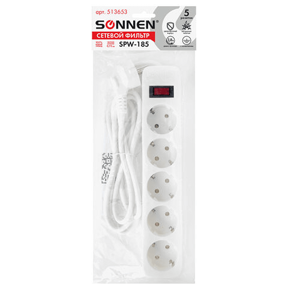 Сетевой фильтр Sonnen SPW-185, 1.8 м, 5 розеток, белый - 8