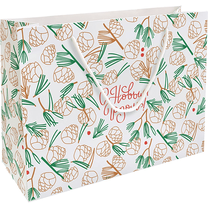 Пакет бумажный подарочный "Holidays. Шишки", 36х26х12 см, белый